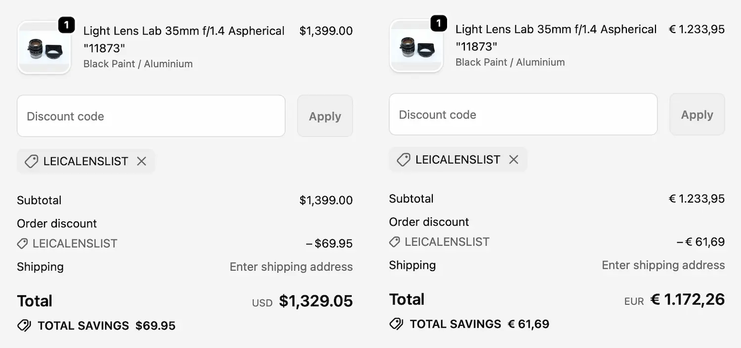 Prices after applying the discount coupon link (1172 EUR, 1329 USD)